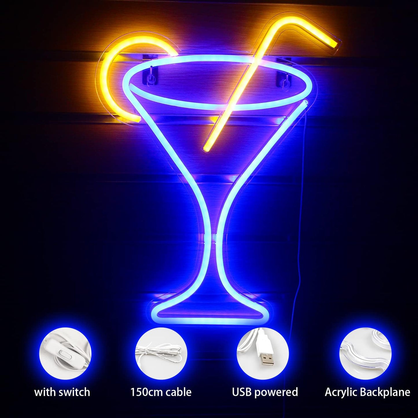 Cocktail Martini Glass Neon Sign LED Light Home Decor or Party