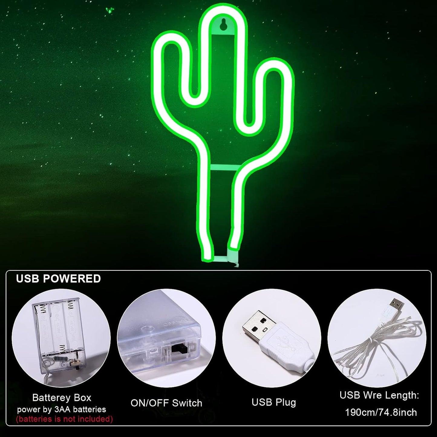 Green Cactus LED Neon Night Light