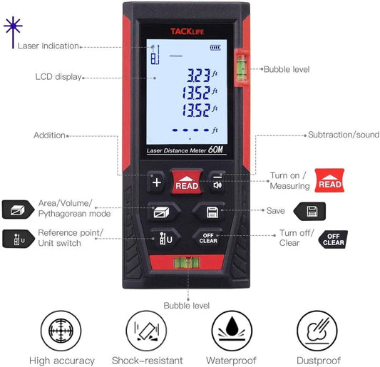 TACKLIFE Classic Laser Measure 60 Meters Mute Laser Distance Meter - HD-60