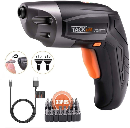 TACKLIFE Cordless Screwdriver, Electric Screwdriver Rechargeable 3.6 Volts 2000mAh Lithium Ion Battery With 33Pcs Free Screw Bits Set,USB Charging With Two LED, SDP70DC