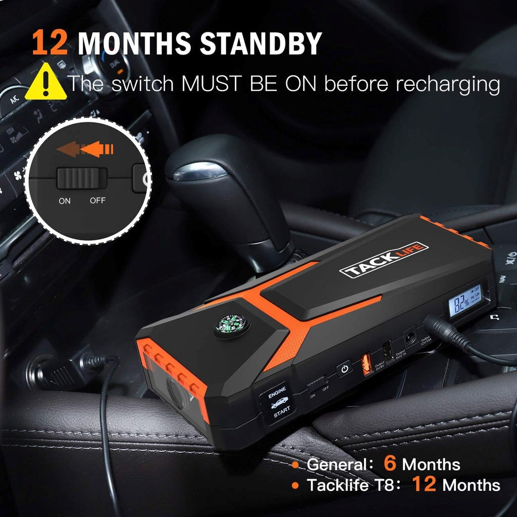 TACKLIFE T8 800A Peak 18000mAh Lithium Car Jump Starter for Up to 7.0L Gas or 5.5L Diesel Engine, 12V Auto Battery Booster with LCD Screen, Portable Power Bank with USB Quick Charge